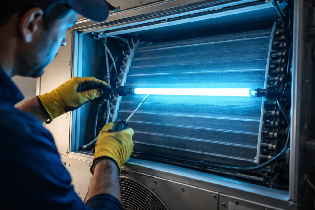 UV light installation inside HVAC system for indoor air quality in Orlando