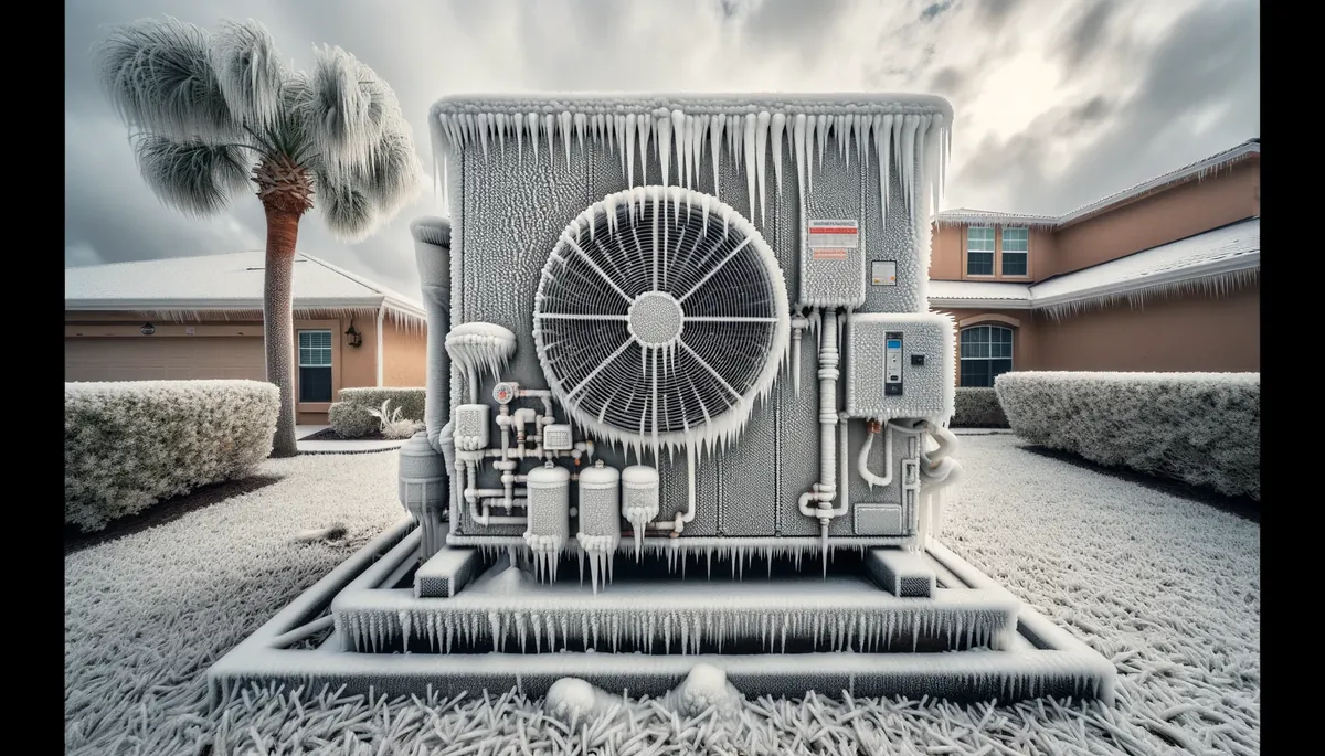 Frozen outdoor HVAC condenser unit covered in ice during an Orlando cold snap