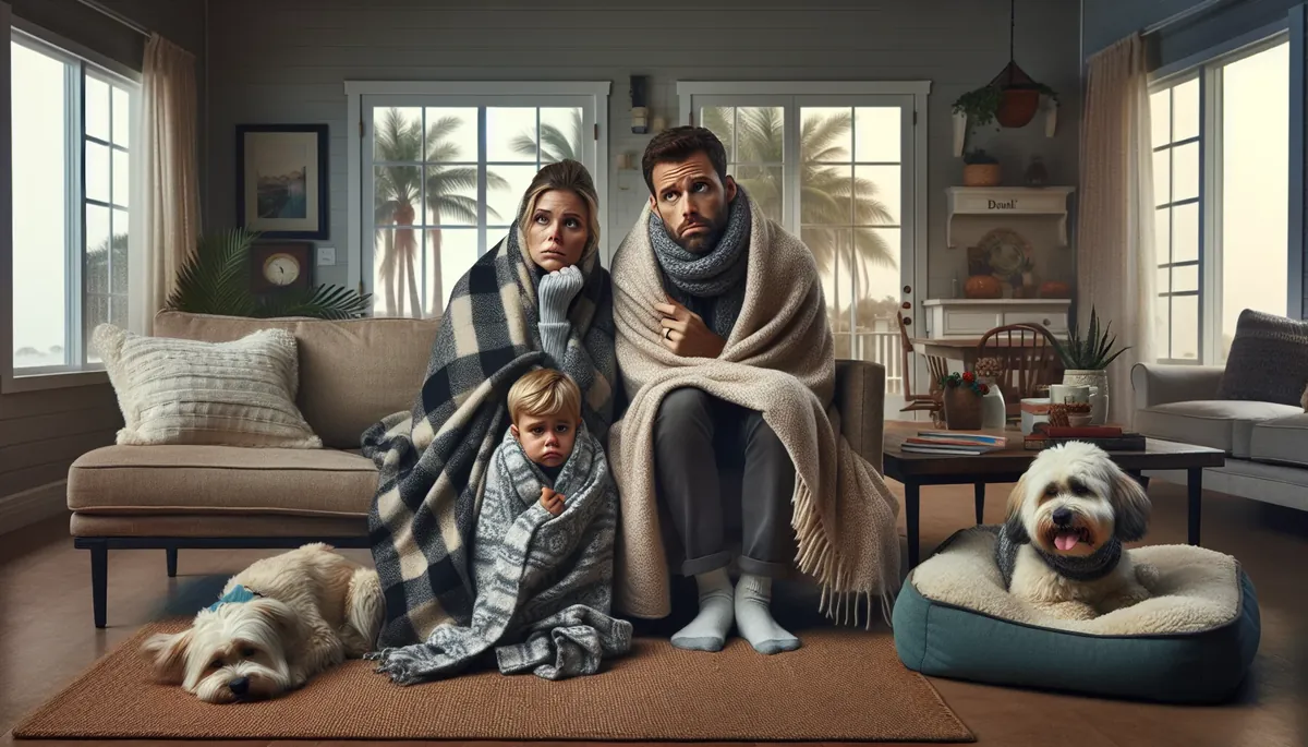 Family huddled under blankets on couch because their heater stopped working in Orlando FL