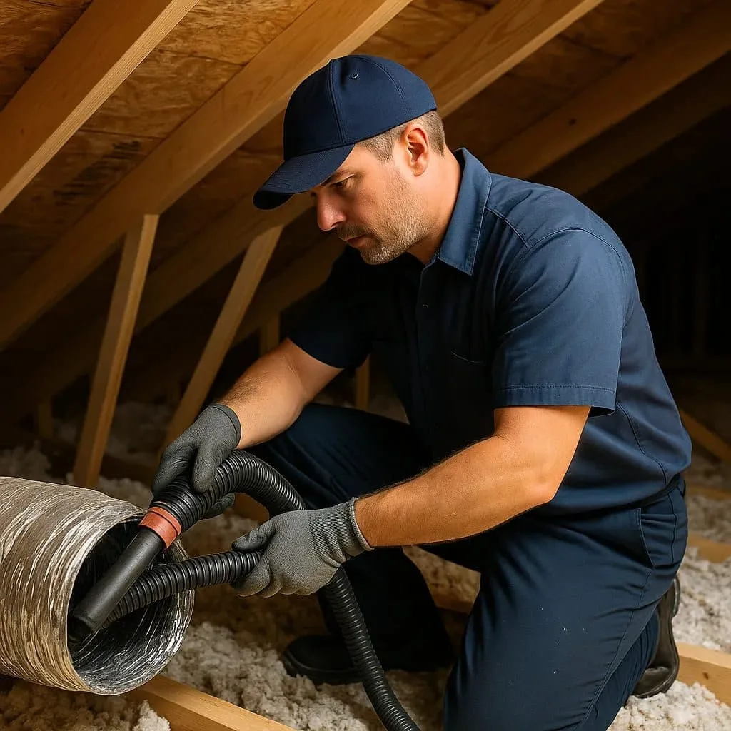 HVAC technician working on attic duct installation for efficient home climate control.
