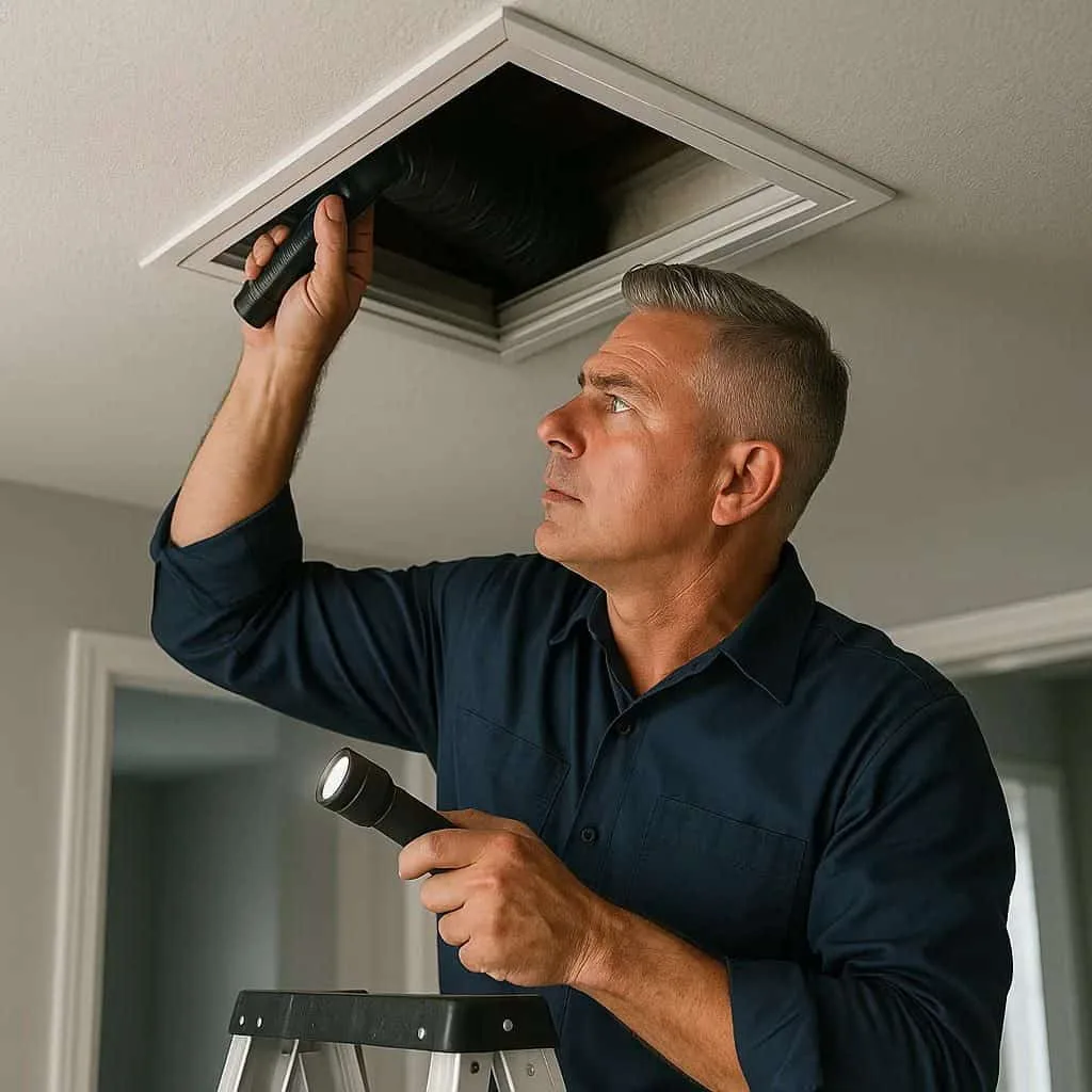 Technician inspecting ceiling HVAC vent with flashlight in a home.