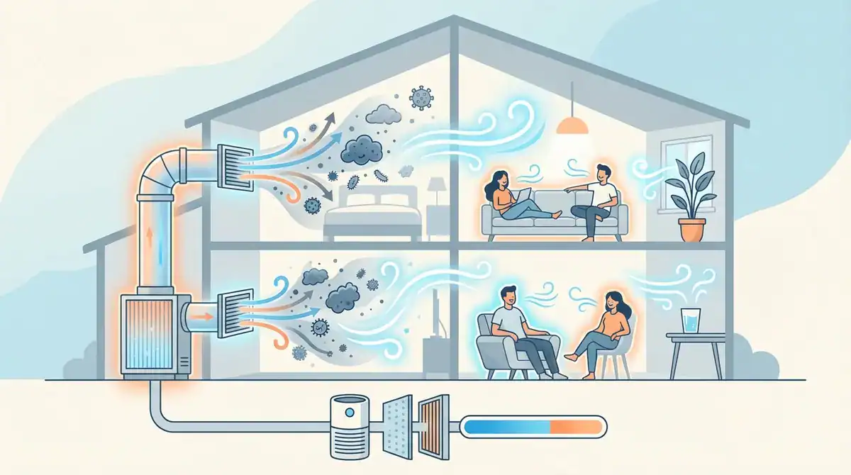 Modern smart home HVAC system with air purification and climate control.