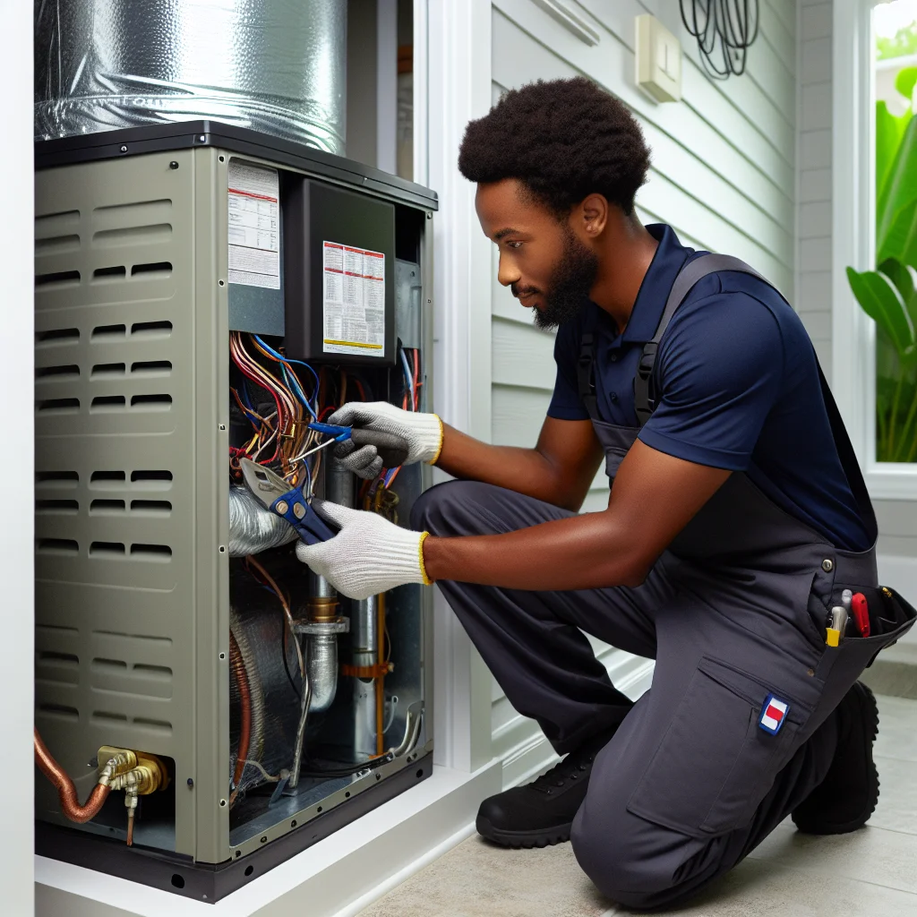 Smart Home Air and Heat technician repairing a furnace heating system