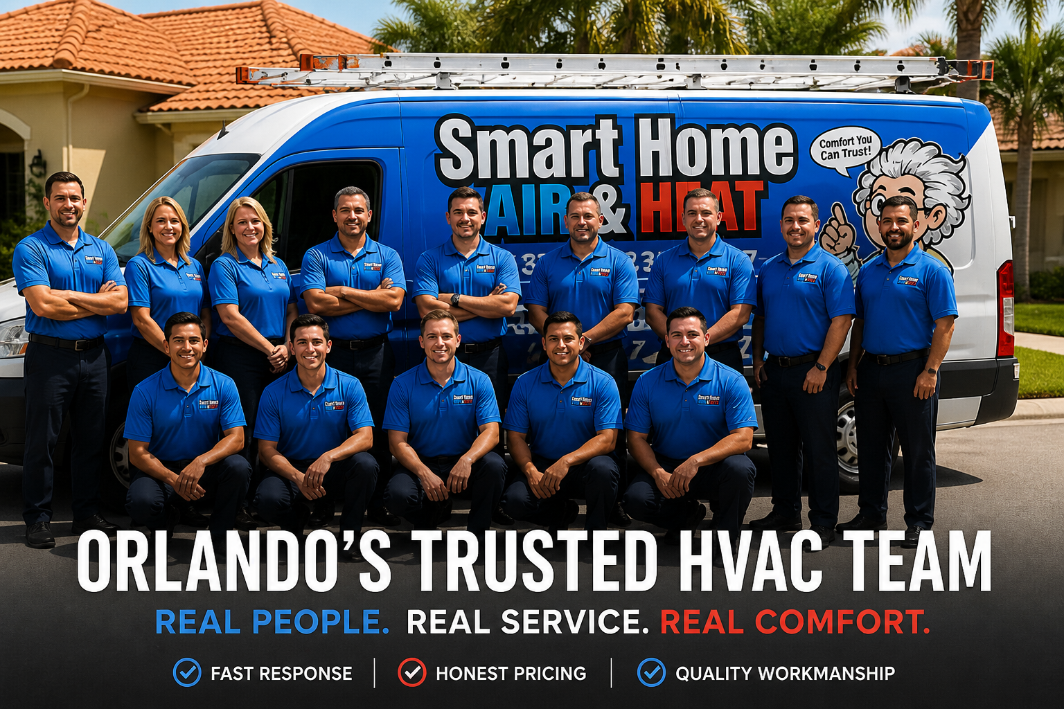 Smart Home Air and Heat HVAC team in front of branded van — Orlando's trusted AC repair company