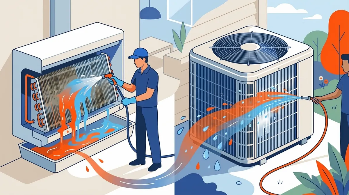 HVAC technician cleaning coils during preventative maintenance in Conway