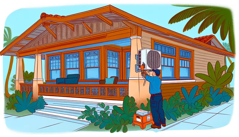 HVAC technician installing mini-split on Florida craftsman bungalow in Orlando's historic district